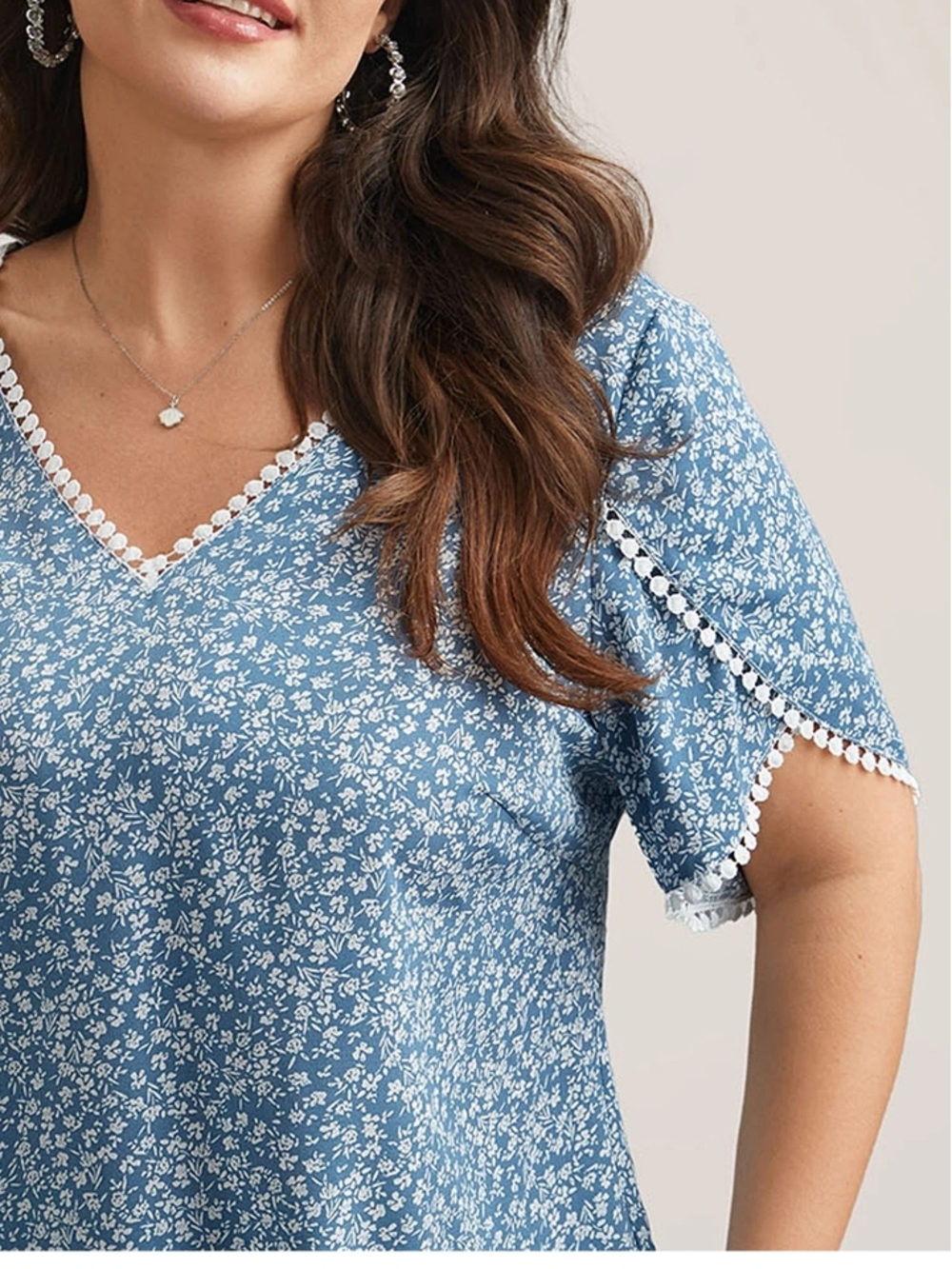Bloomchic Petal Sleeve Floral Lace Spliced Shirt